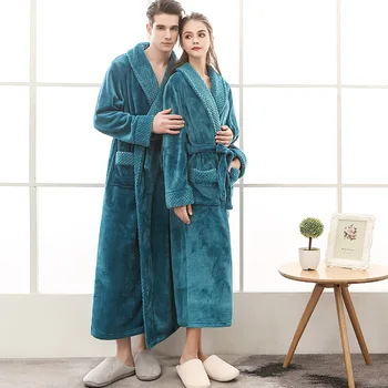 

FLANNEL Lovers Robe Gown Warm Sleepwear For Couple Nightwear Kimono Bathrobe Gown Nightdress Ultra Long Thicken Home Clothing