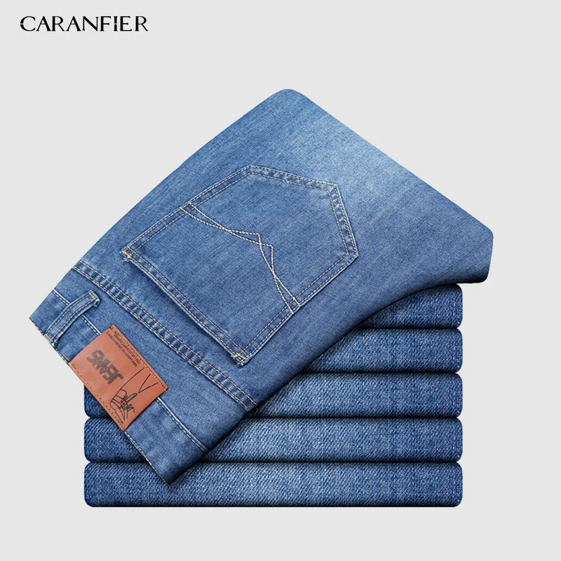 Light blue CARANFIER, размер 38, 40, брендовые новые мужские тонкие эластичные джинсы, модные деловые классические стильные обтягивающие джинсы, джинсовые мужские штаны - Цвет: Light blue