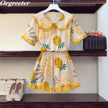 

Newest Pineapple Print Tops and Shorts 2 piece set Women Summer New Everyday Cartoon printing Pajamas Suits Plus Size XL-5XL