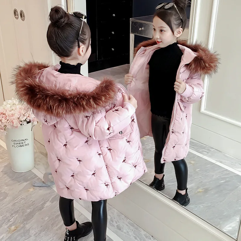 Детская куртка для девочек, новинка года, модная зимняя куртка средней длины с цветочным принтом белое пуховое хлопковое пальто с меховым воротником для больших девочек - Цвет: Розовый