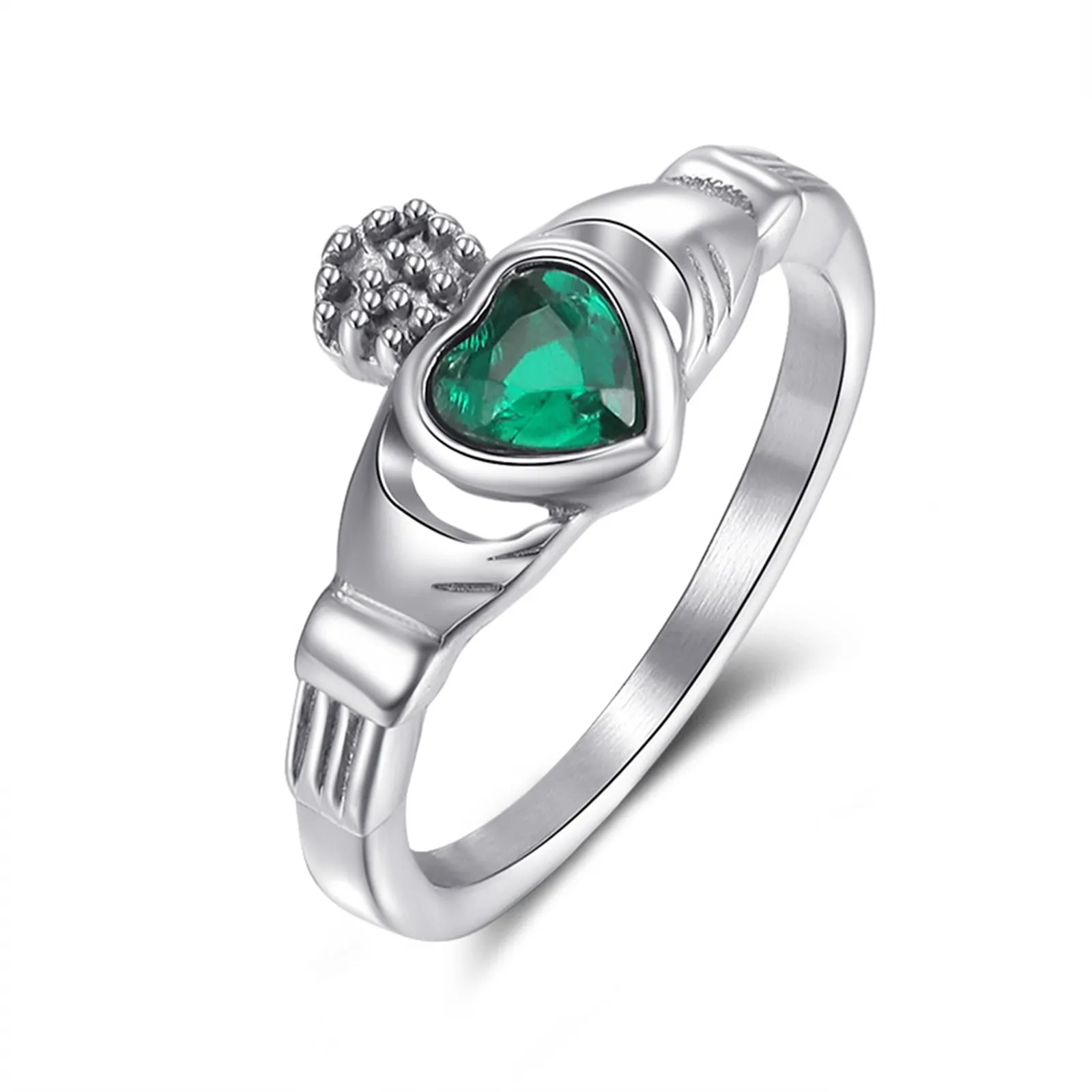 Ирландское кольцо Claddagh из нержавеющей стали с зеленым камнем и бриллиантом