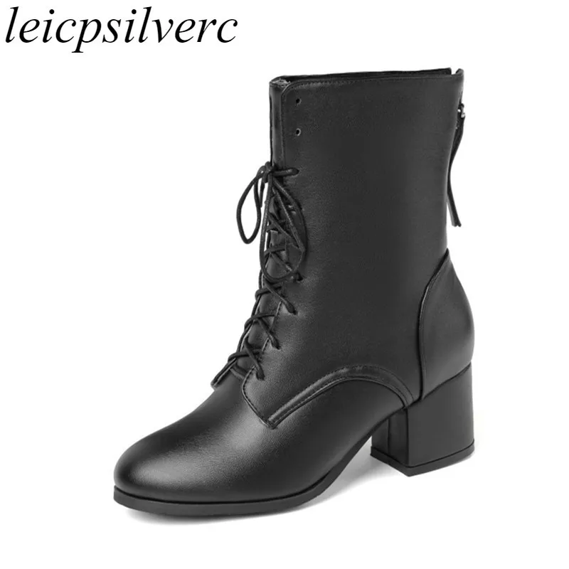 

Women Boots Autumn Winter High Heel Pu Zip Round Toe Ankle Martin Boots Thick Heels Cross-tied 2019 Sexy Fashion Black Plush