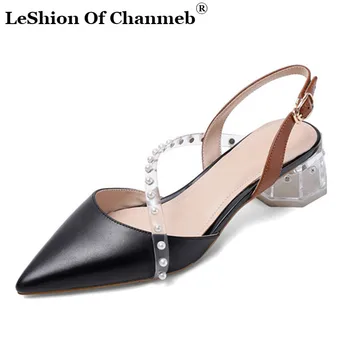 

2020 Newest High Quality Genuine Leather Sandals Women Clear Heels Shoes Pearls Buckle Strap Fashion Party Wedding Shoes Woman