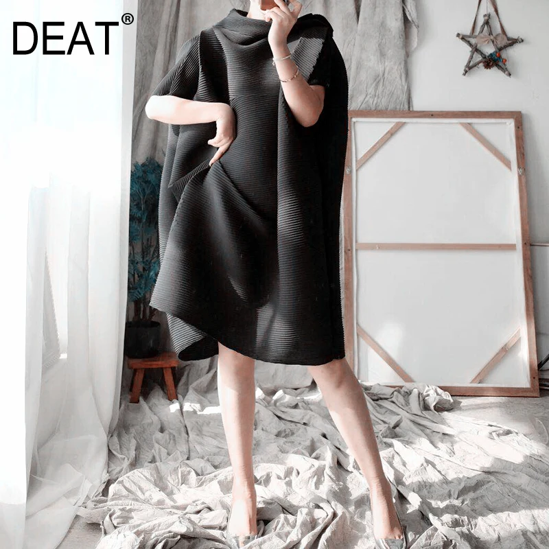 

DEAT 2019 Korean Spring Summer Pleated Clothes For Women Directly Loose Large Size Irregular Dress High Quality Hot YH185