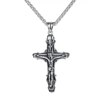 

Punk Skull Skeleton Necklace For Men Boys Stainless Jesus Christ Crucifix Cross Pendant Chain Vintage Jewelry