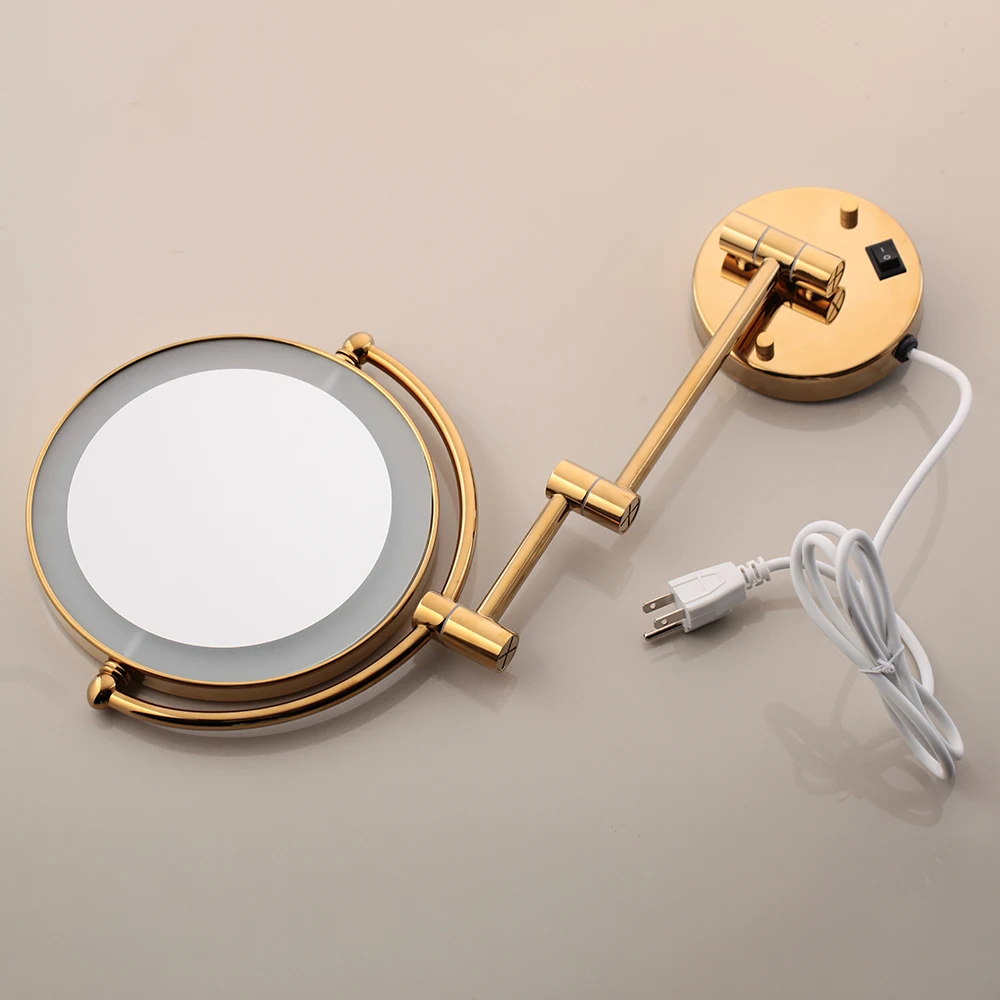 KEMAIDI Golden Chrome Brass Gold Plate Wall Mount LED Makeup Women Pocket Mirror 3X Magnifying Vanity Cosmetic Hand Mirror