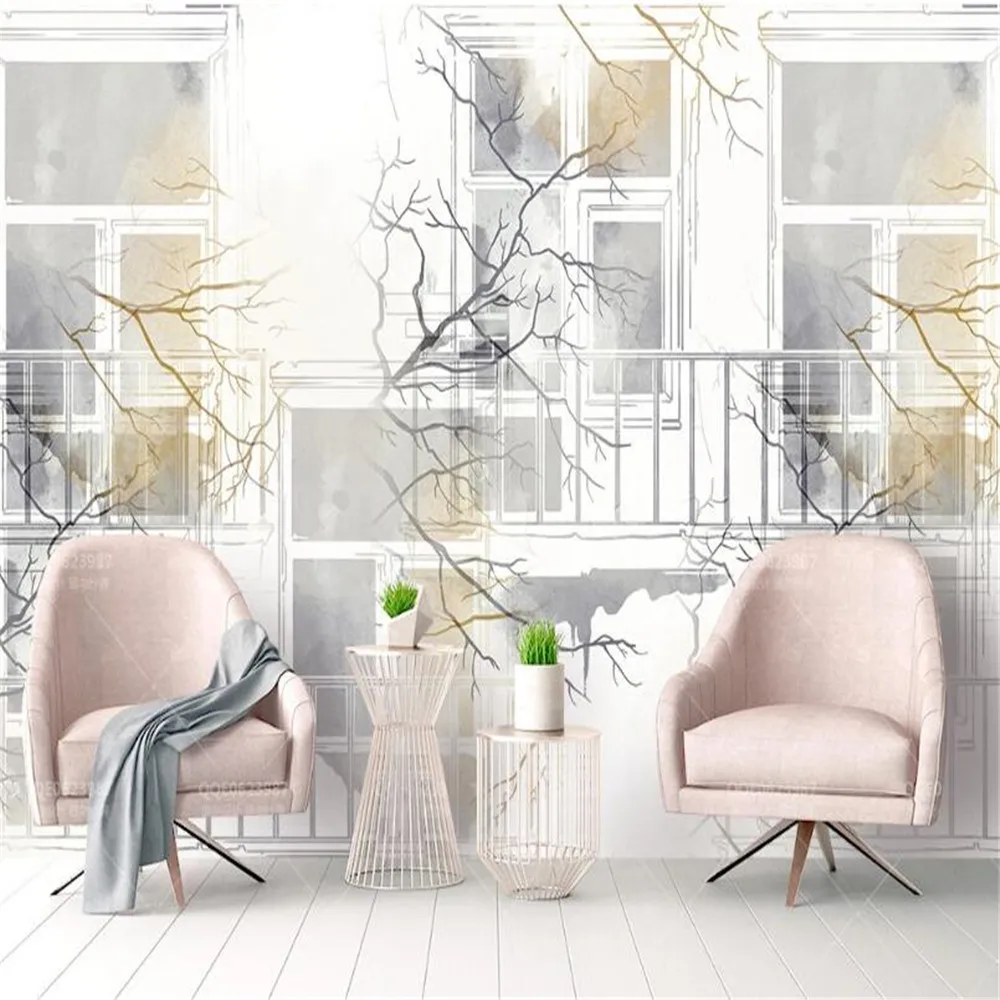 

Milofi custom 3D non-woven large-scale mural wallpaper Nordic hand-painted watercolor city branches window TV background wall