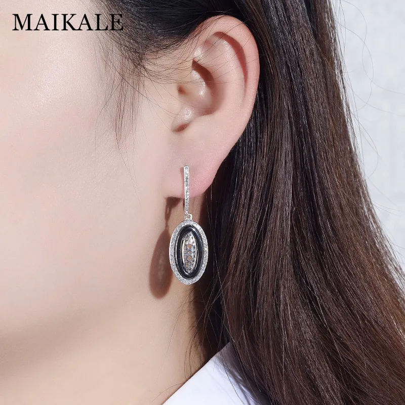 Женские круглые серьги подвески MAIKALE черные и белые керамические серебряного