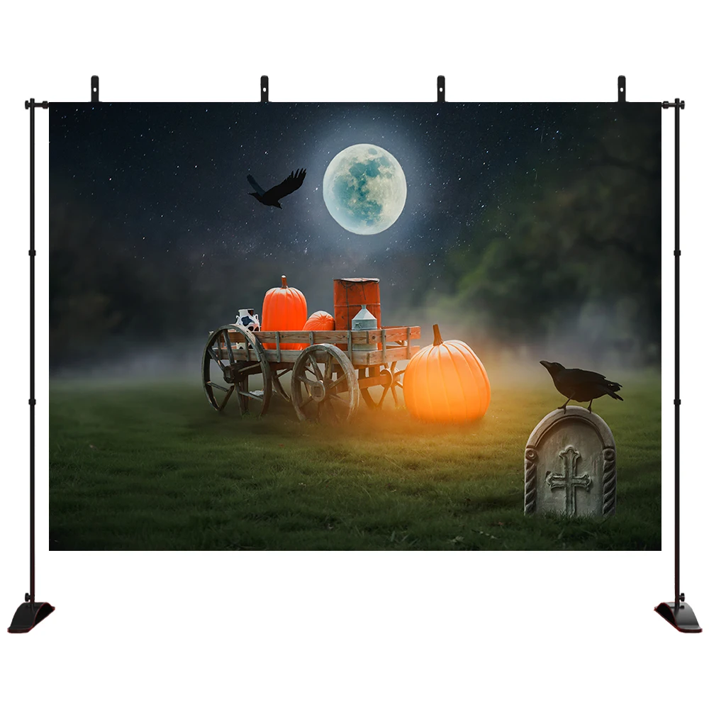 

Halloween Backdrop mysterious full moon background tombstone crow pumpkin car Grass Photography Photo Background Studio Prop