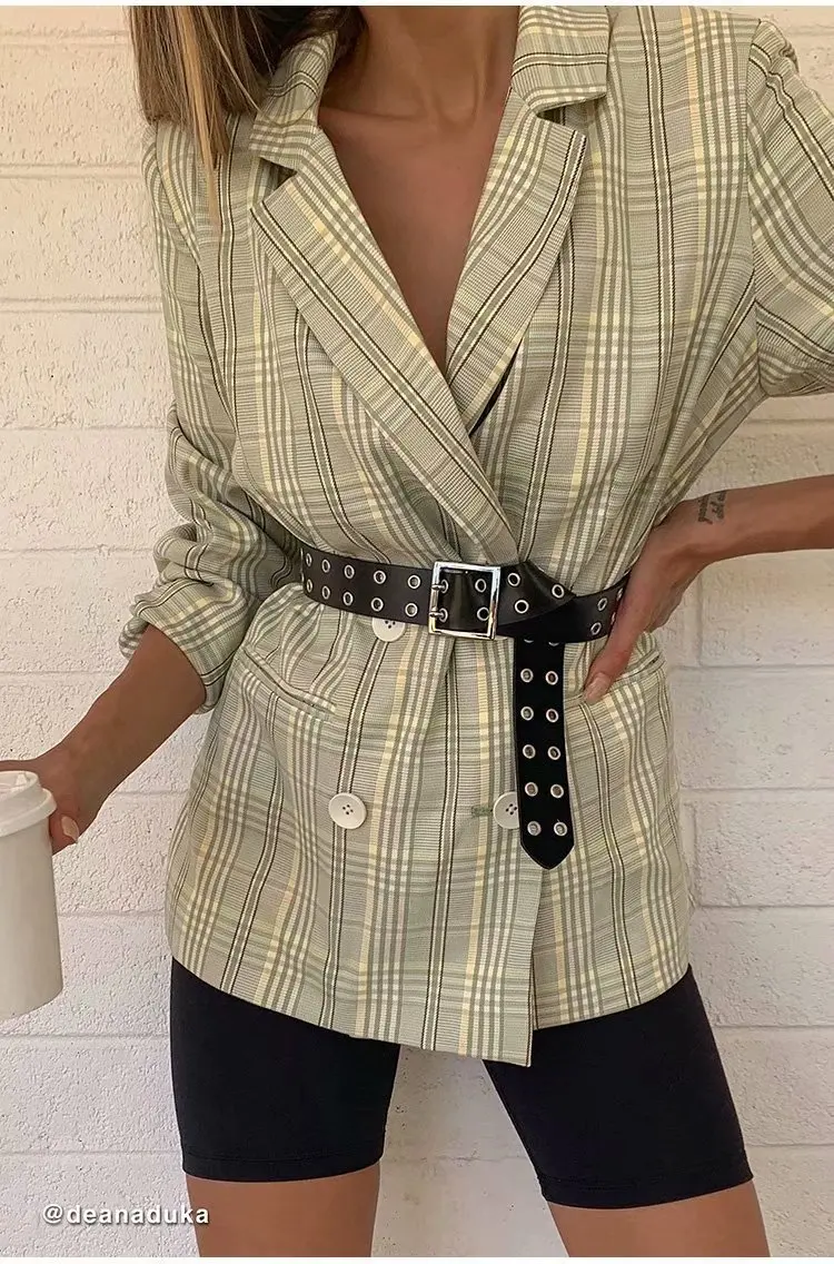 Europe And America Hot Selling Autumn Plaid Double Emptying Suit Fold-down Collar Suit Coat Women's INS