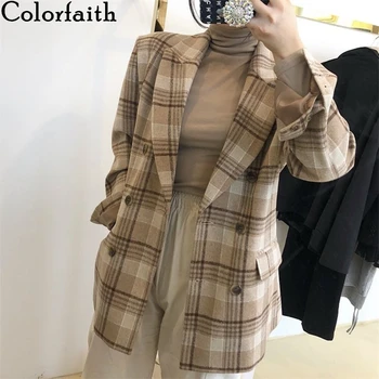 

Colorfaith New 2020 Autumn Winter Women's Blazers Plaid Buttons Pockets Jackets Notched Vintage Oversize Office Lady Tops JK1335