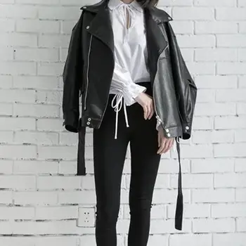

High Quality 2019 Women Winter Black White Pu Leather Coat Turn-Down Collar Loose Jacket Casual Zipper Autumn Jacket