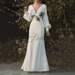 Simple V-Neck Backless Mermaid Wedding Dresses Long Sleeve Satin Floor-Length Bridal Gown vestido de noiva robe de mariée