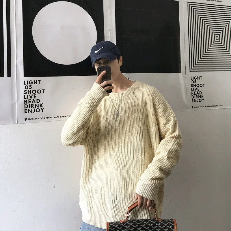

Men's sweater autumn/winter 2019 new slim pure color pattern print long sleeve sweater loose casual fashion young men's wear