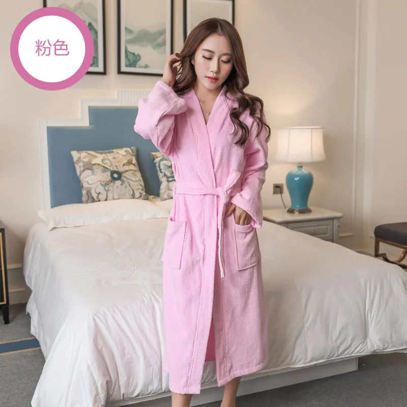 Pajamas Spring And Autumn Thick Cotton Toweling Bathrobe Men's WOMEN'S Plus-sized Cotton Nightgown Paragraph Four Seasons Hotel - Цвет: Розовый