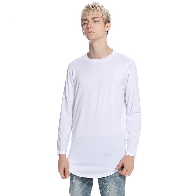 Новая Осенняя мужская футболка с длинными рукавами удлиненная дуговая кромка на молнии чистый цвет тонкая белая черная серая красная синяя футболка модная хип-хоп - Цвет: A1B134 white