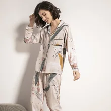 Conjunto de pijamas con estampado Floral y cielo estrellado para mujer, ropa de dormir cómoda de satén de algodón de manga larga para el hogar, ropa informal para mujer para primavera