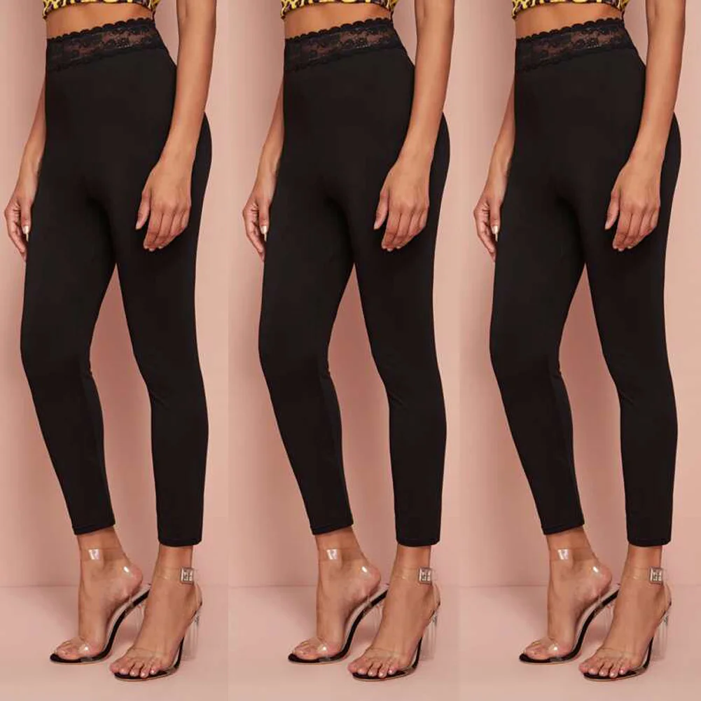 Сексуальные тонкие женские тянущиеся тонкие осенние зимние теплые леггинсы сексуальные Дамские кружевные одноцветные узкие брюки с высокой талией