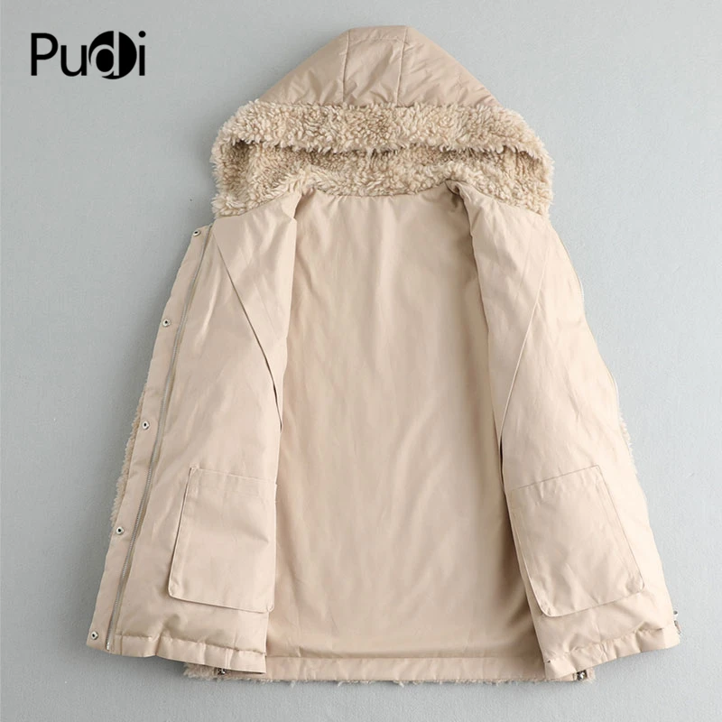 PUDI A59233 women winter polyester fabric real wool fur down warm jacket small camel fur girl coat lady Long jacket overcoat