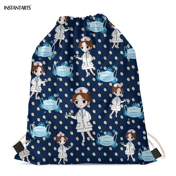 

INSTANTARTS Cartoon Nurse Doctor Design Women Drawstring Bags Walking Hiking Gym Sack Casual Storage Shoulder Backpack Daypack