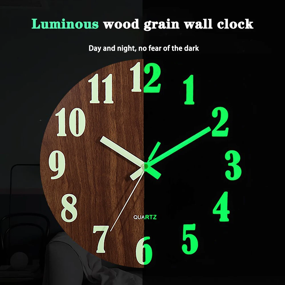 12 Inch Luminous Wall Clock Wood Silent light in dark night Nordic Fashion Wall Clock Non Ticking Clock With Night Light