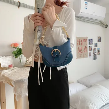 

Hot Luxury Vintage Chain Tote Women Messenger Bag Brand Blue Baguette Bag Designer Leather Shoulder Bag Buckle Patchwork Handbag