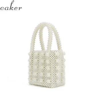 

Women Fashion pearls DIY beaded box bucket totes bag women party elegant handbag luxury black white yellow pink