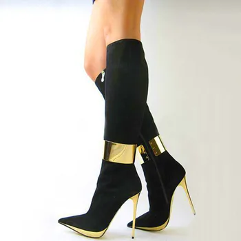 

Beautiful and fashionable high-heeled riding boots with suede, light gold and bright leather