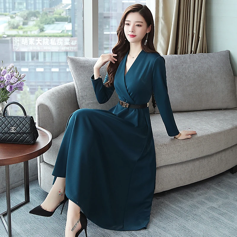 

2019 Autumn New Arrival Plus Size High Quality Elegant Solid Color Woman Chiffon Long Dress With Belt