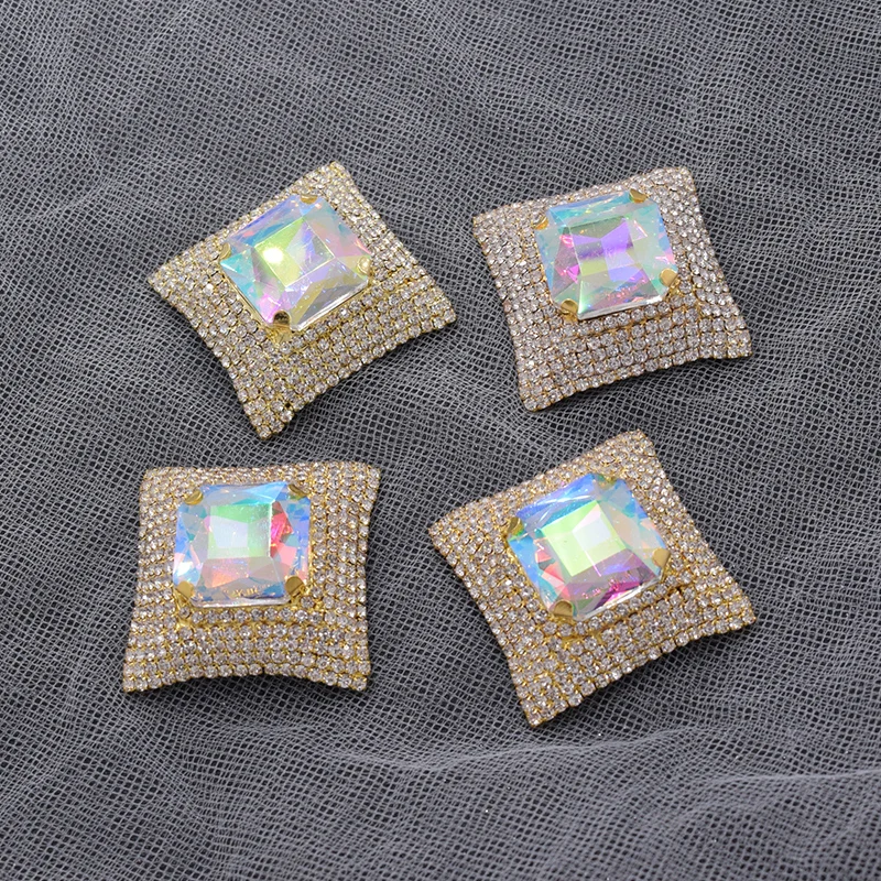 

10pcs/lot 4cm gold Crystal AB rhinestones glass square appliques for christmas decorations sew on crystal patches for women