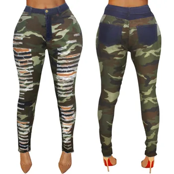 

Hot Sale Ripped Jeans for Women Camouflage Pencil Pants Denim Pants 2019 New Fashion Casual Hole Jeans Pocket Skinny Jeans Women