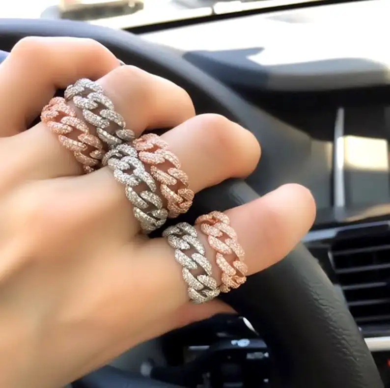 

2019 Gold filled Hiphop fashion iced out sparking cz band rings for women men trendy curb Miami Cuban link chain finger jewelry