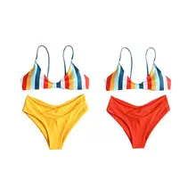 Женский летний комплект бикини из двух предметов, контрастный цветной Радужный треугольный бюстгальтер с вертикальными полосками, средняя талия, сплошной цвет, с высокой посадкой