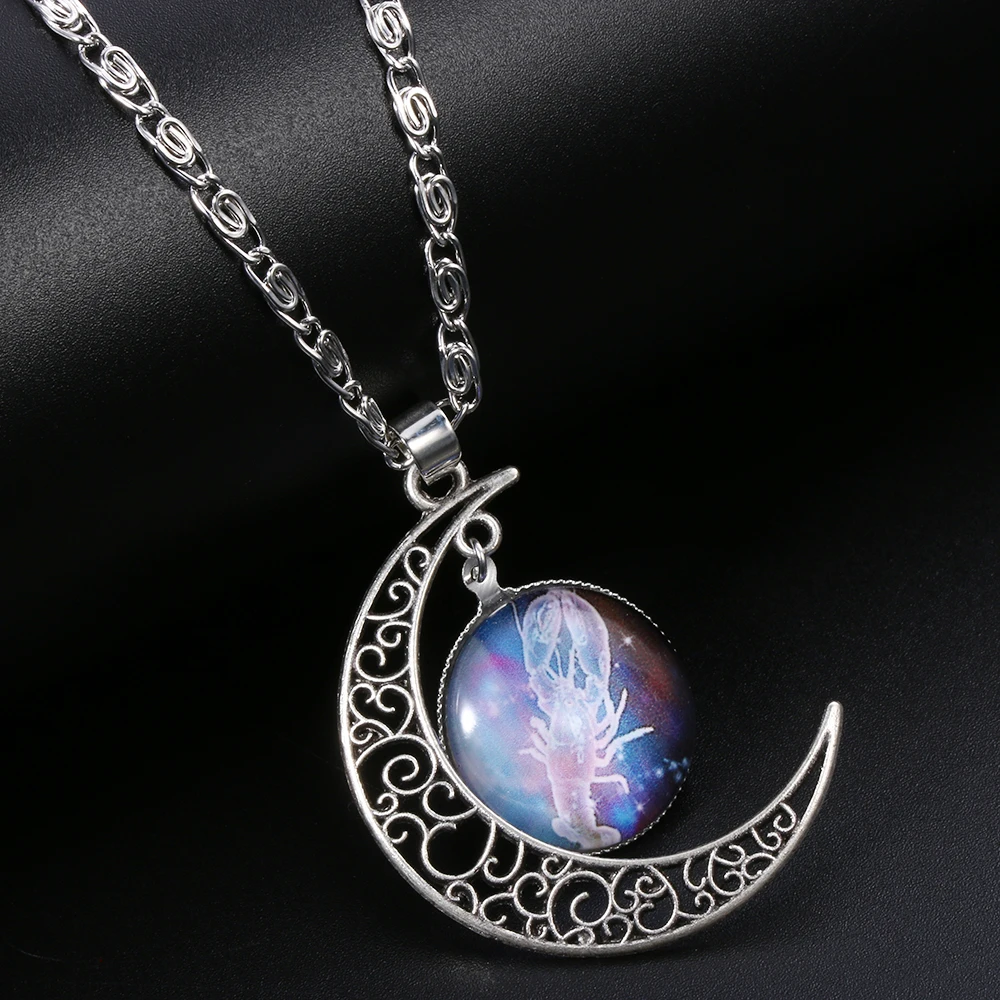 

12 Zodiac Signs Pendant Crescent Moon Necklace Fashion Jewelry for Women Constellation Aries Aquarius Necklace Birthday Gift