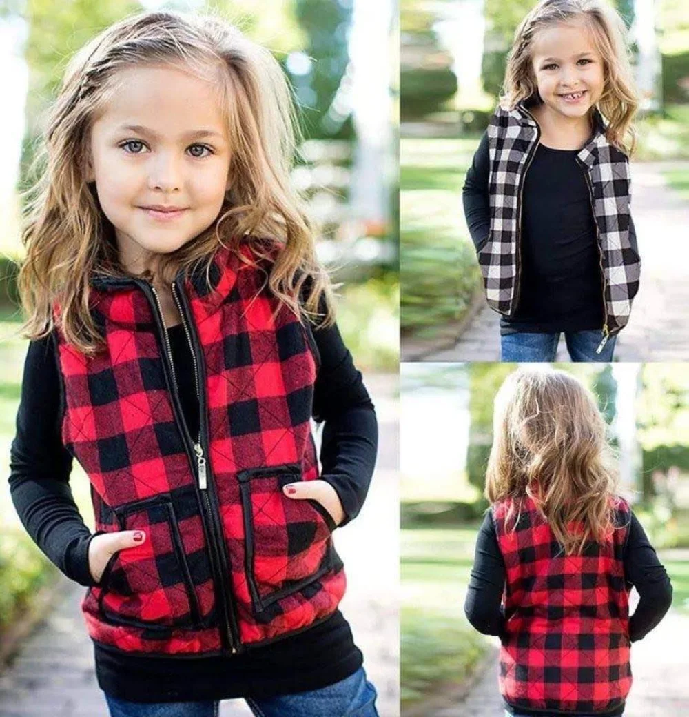 Модный детский осенний свитер для девочек, клетчатая куртка на молнии, жилет, пальто, осенне-зимняя верхняя одежда