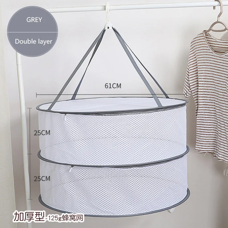 Grey-2 Layer-Covered 1/2/3 Layer Clothes Drying Nets Foldable Drying Basket Windproof Hanging Laundry Dryer Mesh Drying Rack Net Sweaters Hange Socks - Color: Grey-2 Layer-Covered