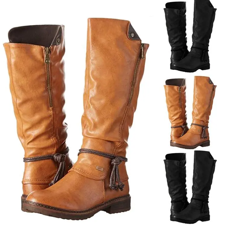 A65!Women's plus size boots European and American solid color side zipper fashion flat round head low heel knight boots women.