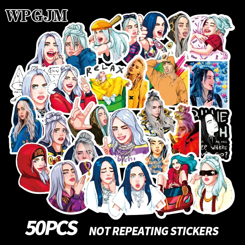 

50pcs Pack Cartoon Billie Eilish Stickers Waterproof Skateboard Suitcase Snowboard Guitar Motorcycle Laptop Sticker Classic Toy