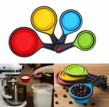 

Quevinal 4Pcs/set Environmental Friendly Folding Silicone Measuring Set Tools 4pcs Home Kitchen Measuring Cups Spoon For Baking