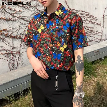 

2020 Summer Men Short Sleeve Lapel Shirts Man Butterfly Pattern Printed Shirt Casual Loose Breathable Blouse Streetwear Camisa 7