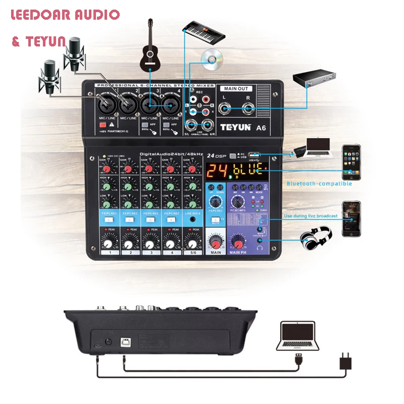 TEYUN 8 6 4 채널 DJ 사운드 믹싱 테이블 24 DSP 효과 오디오 믹서 Bluetooth PC USB 재생 녹음 48V 컨트롤러 믹싱 콘솔