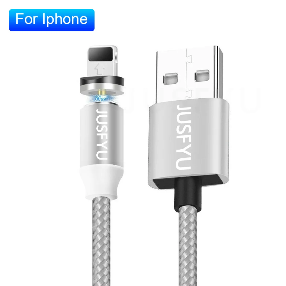 JUSFYU 1 м Магнитный зарядный кабель, Micro USB кабель для iPhone XR XS Max X магнит Зарядное устройство usb Тип C кабель светодиодный зарядный провод шнур - Цвет: Silver For iPhone