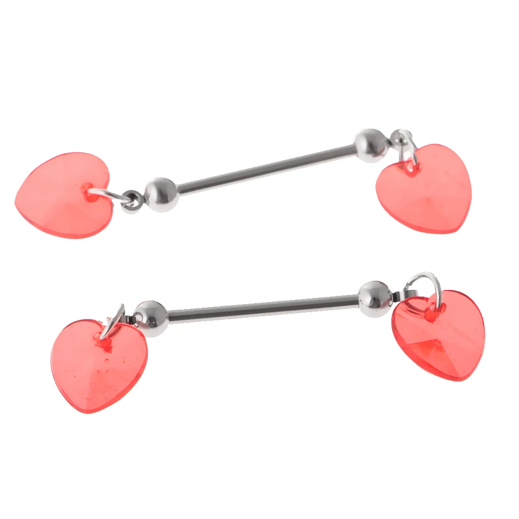 2Pcs Women Stainless Steel Red Heart Shield Nipple Bar Barbell Body Piercing