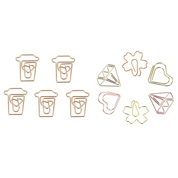 

12Pcs Coffee Cup Mug Shaped Paper Clips Metal Note Clips & 30x Paper Clips, Gold Paperclips Heart Cherry Diamond Shaped