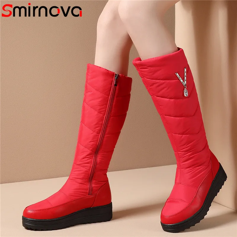 

Smirnova 2020 new arrival women knee high boots DowN thick fur warm winter snow boots zip round toe flat platform shoes woman