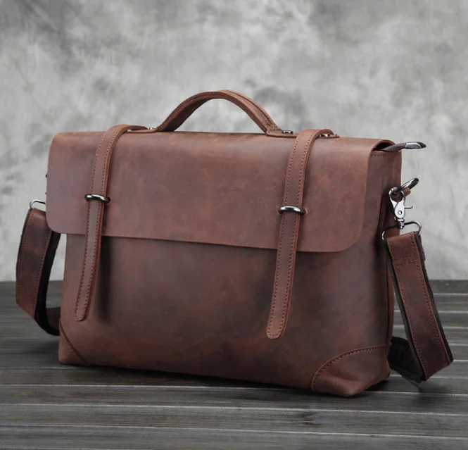 Genuine Leather Classic Briefcase Crazy Horse Cowhide Tote Messenger Bag Men Good Quality Crossbody Shoulder College Bag DF109