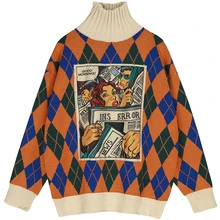 iMucci Korean Fashion Tops Woman Loose 2020 Cartoon Printing Split Joint Knitting Woman Long Sleeve Turtleneck Sweater TM1184