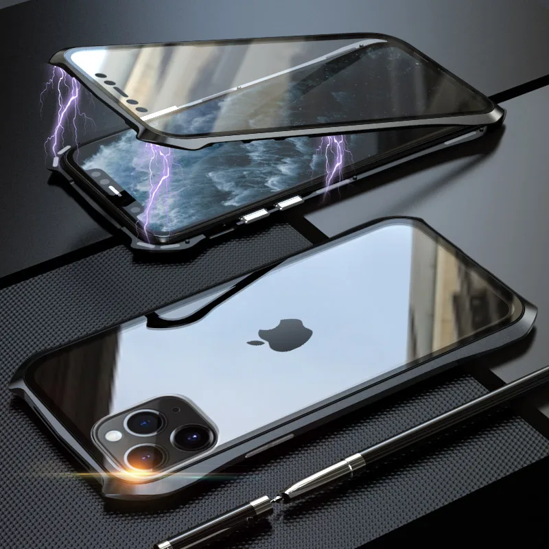 Бэтмен металлический каркас Магнитный чехол для iPhone 11 Pro Max чехол двойное закаленное стекло противоударный чехол для iPhone 11 Pro Max Coque - Цвет: Black