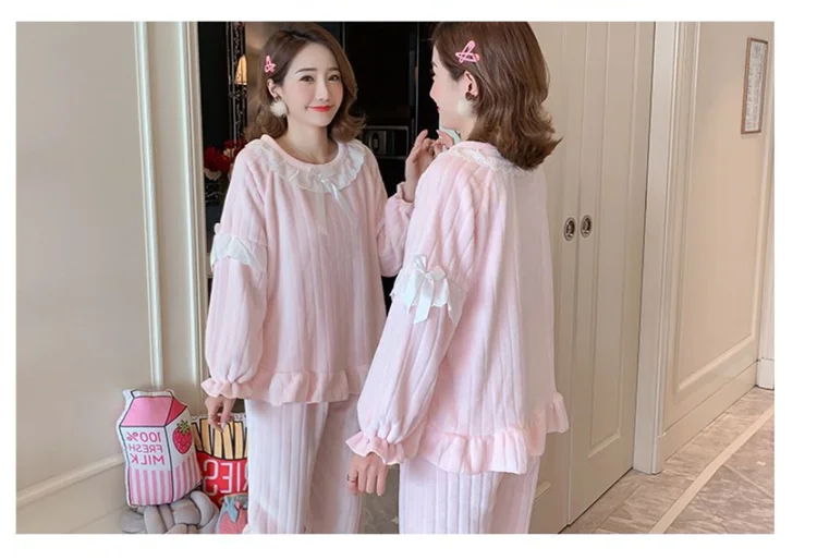Pink Фланелевая Женская гофрированная пижама из двух частей, толстый коралловый флис, Бабочка, кружевной воротник, домашняя одежда, удобный теплый костюм - Цвет: Pink