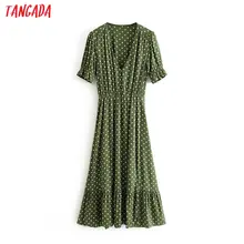 Tangada женское винтажное зеленое платье миди в горошек с v-образным вырезом и коротким рукавом, с открытой талией, плиссированное платье 3H250